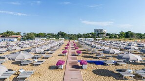 En strand med rækker af liggestole og parasoller, en midterste gangsti og en bygning i baggrunden.