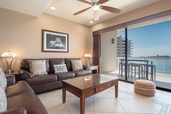 Living room with views of city