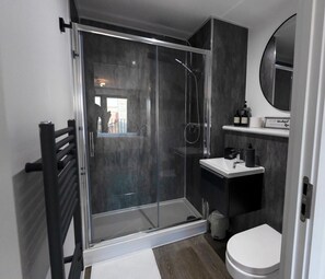 Shower, hair dryer, towels, soap
