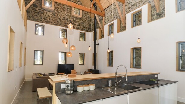 Una cucina moderna con isola centrale, mobili a incasso e una parete decorativa in pietra.
