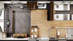 A modern hotel room layout with a sofa, a dining area, a kitchen, a bathroom, and a separate sleeping area.