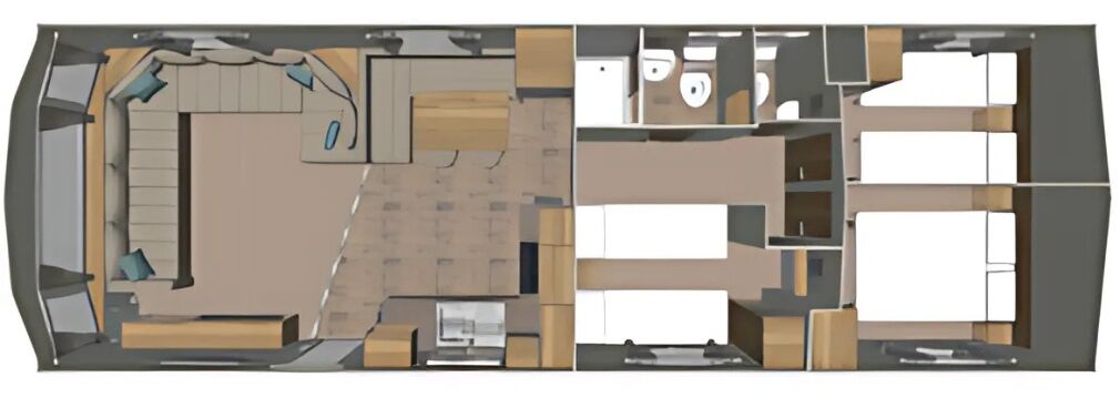 Un plan d’étage d’un hôtel comprenant un espace de vie central, plusieurs chambres, une salle de bain et une cuisine.