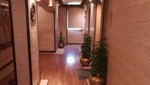 A hallway with wooden flooring, potted plants, and a framed picture on the left wall. - Zayed Hotel & Restaurant  (Giza)