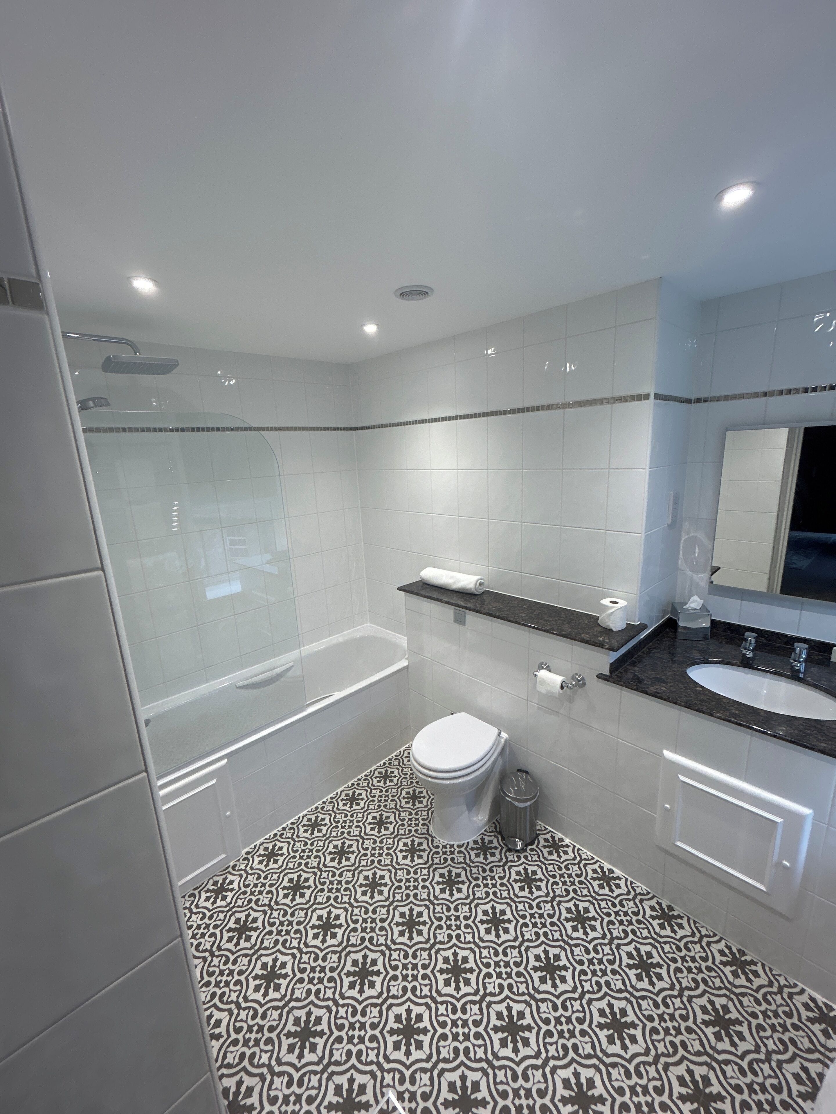 Une salle de bain moderne équipée d’une douche, de toilettes et d’un lavabo.