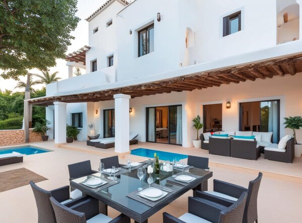 Una casa moderna con piscina, mobiliario exterior y zona de comedor.