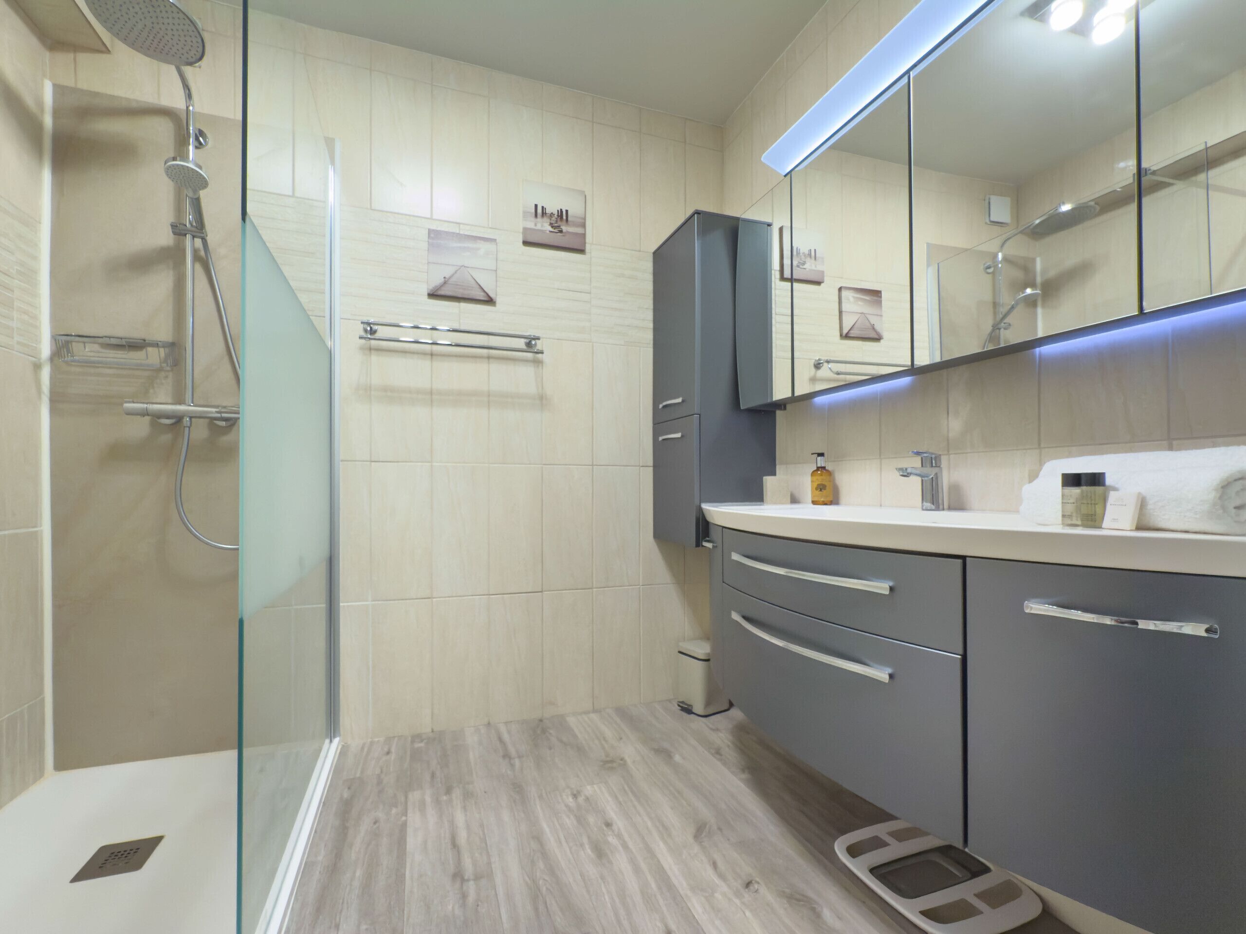 A modern bathroom with a glass shower enclosure, a vanity with a mirror, and a toilet.