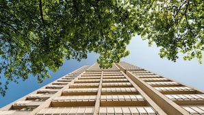 A high-rise building with multiple floors, large windows, and a view of the sky through the foliage.