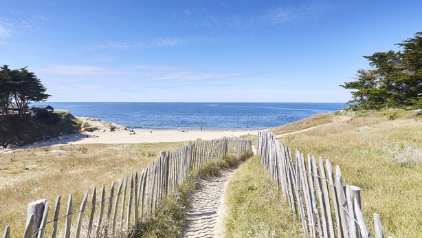 A wooden pathway leading to a beach with a clear view of the ocean. - 50m from the beach, house with garden for 10 (Piriac-sur-Mer)
