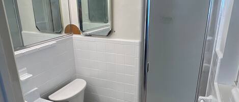 A bathroom with a toilet, sink, and shower.