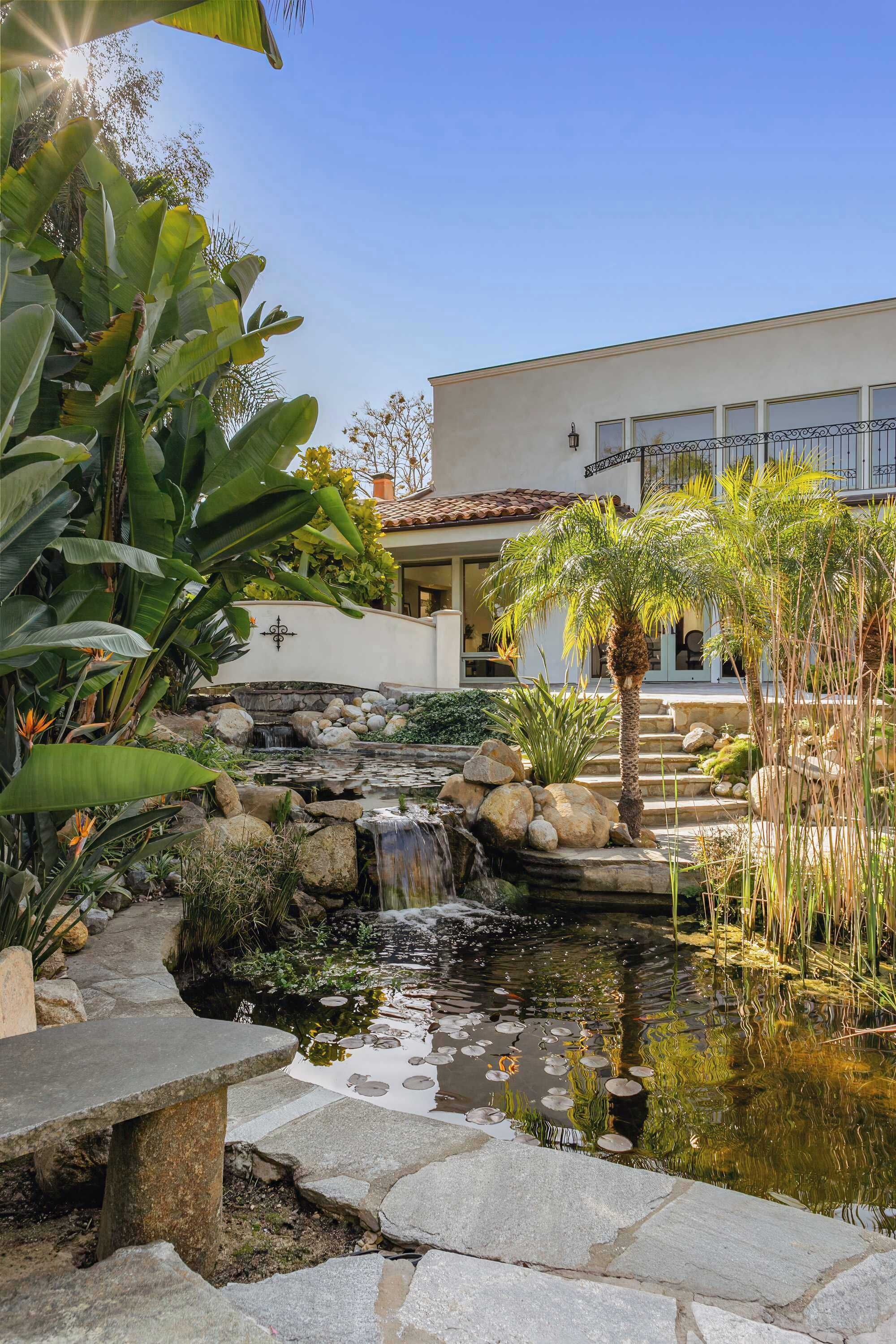 A garden with a pond, stone steps, and tropical plants.