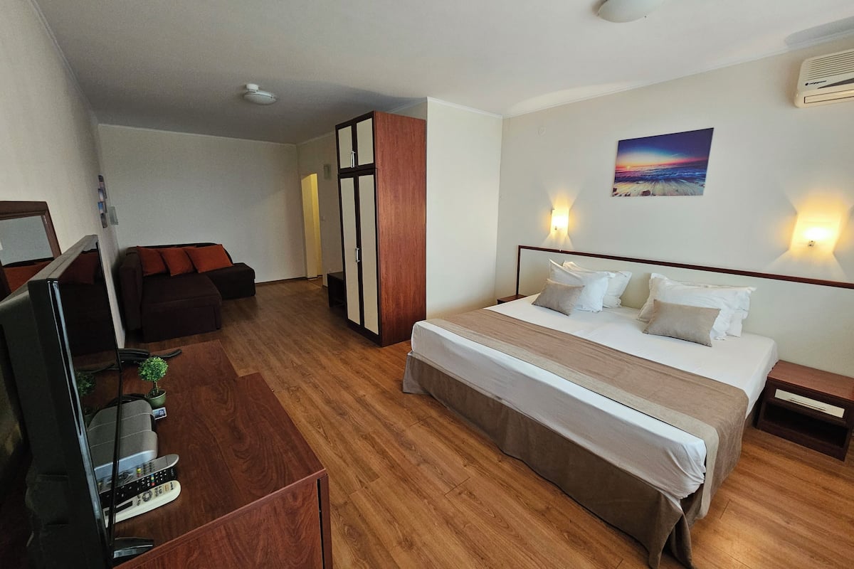 Habitación de hotel con cama, televisor, sofá, armario y un cuadro en la pared.