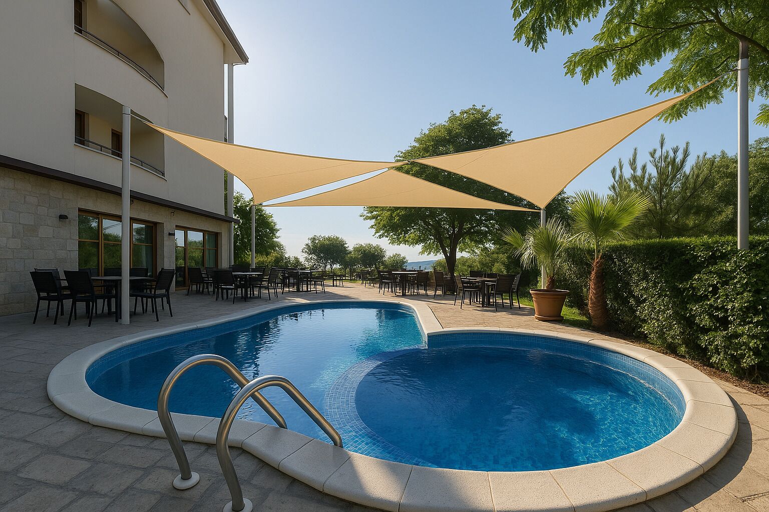 Ein Swimmingpool mit Sonnenschirm, Sitzgelegenheiten im Freien und einem Gebäude im Hintergrund.