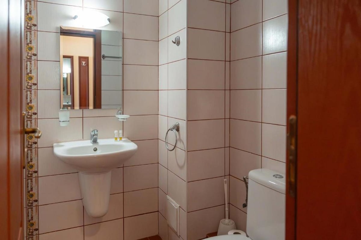 A bathroom with a sink, mirror, toilet, and a towel rack.