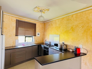 A modern kitchen with a black countertop, stainless steel appliances, and a decorative ceiling light. - Sibebe Resort (Mbabane)