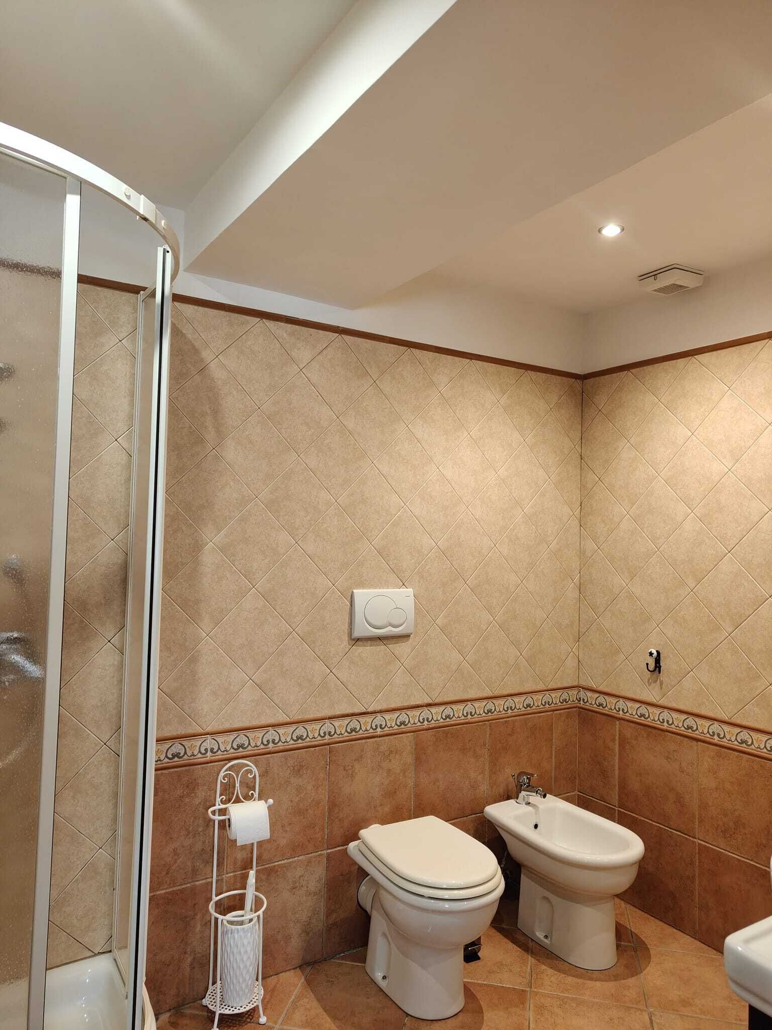 A bathroom with a shower, toilet, bidet, and a towel rack.