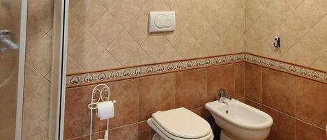 A bathroom with a shower, toilet, bidet, and a towel rack.