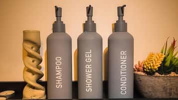 Hair dryer, towels, soap, toilet paper