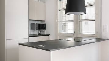 Superior Apartment, Kitchen, City View | Private kitchen | Full-sized fridge, microwave, oven, stovetop