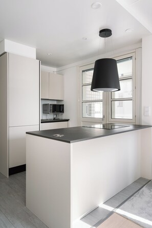 슈피리어 아파트, 주방, 시내 전망 | 전용 주방 | 대용량 냉장고, 전자레인지, 오븐, 쿡탑