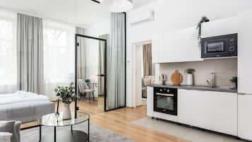 Superior Apartment, City View | Private kitchenette | Full-size fridge, microwave, oven, stovetop