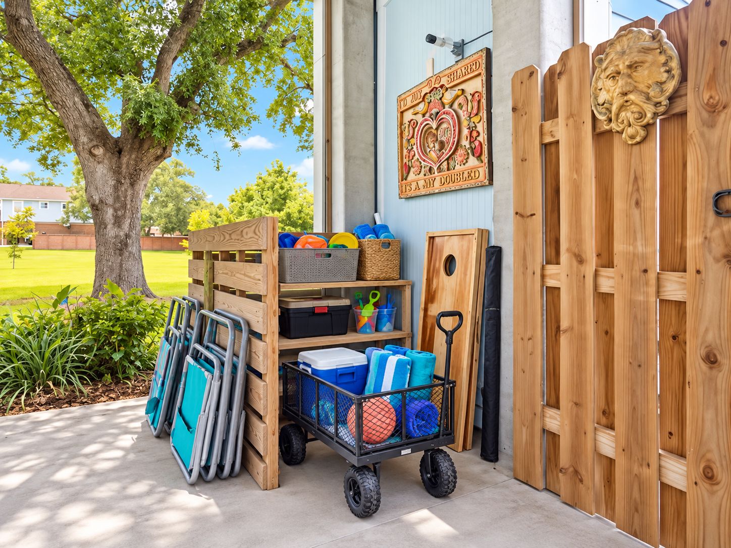 A storage area with a wooden cart, shelves, and a decorative sign.