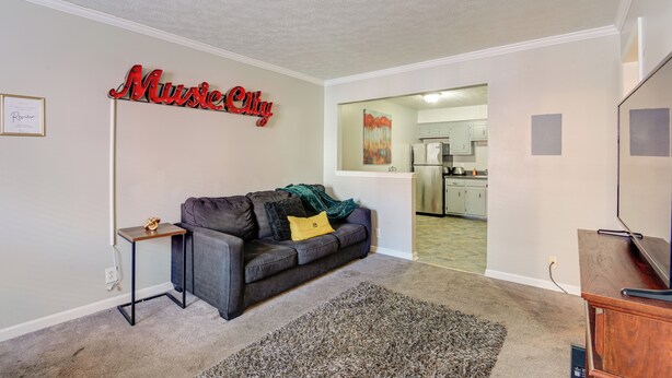 A living room with a gray sofa, a small side table, a patterned rug, and a TV stand. - 1 Mi to Dtwn: Pet-friendly Apt in Nashville (Nashville)