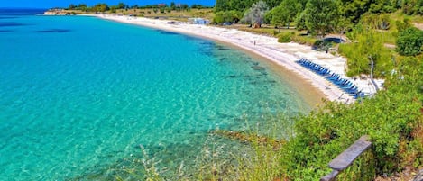 A beach with clear turquoise water, a sandy shore, and a row of blue lounge chairs.