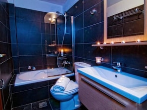 Shower, hair dryer, towels