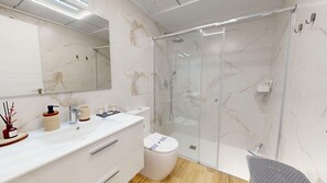 Shower, hair dryer, towels