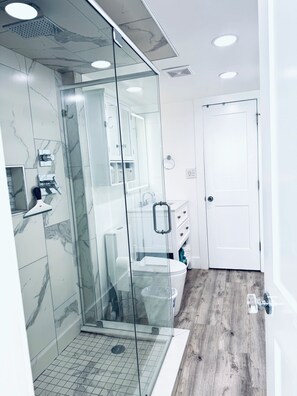 Hair dryer, towels, soap, toilet paper