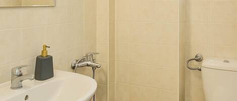A bathroom with a white sink, a toilet, and a shower area.