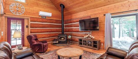 TV, fireplace, books, offices