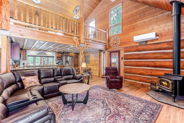 TV, fireplace, books, offices