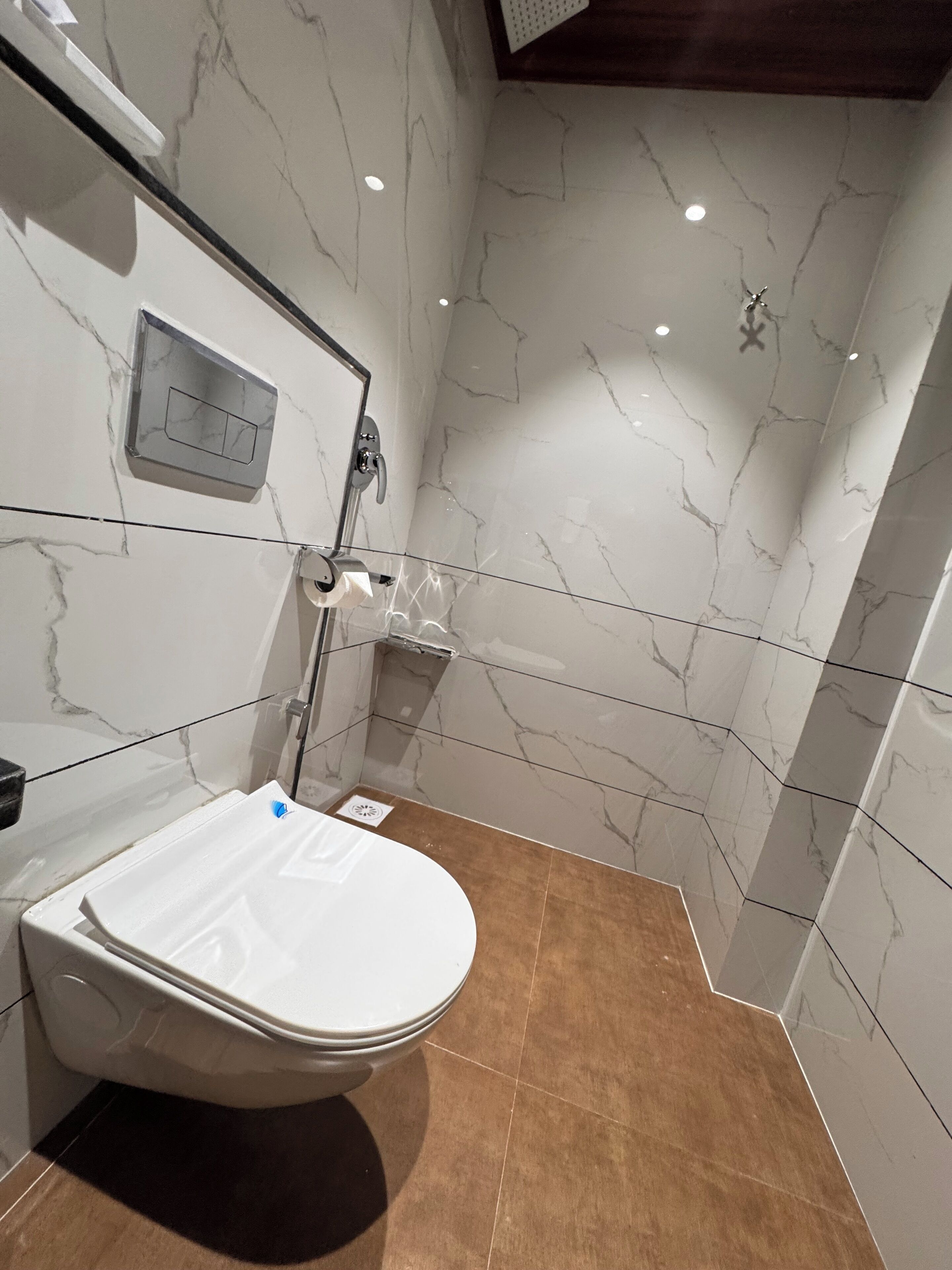 A bathroom with a toilet, shower, and marble walls.