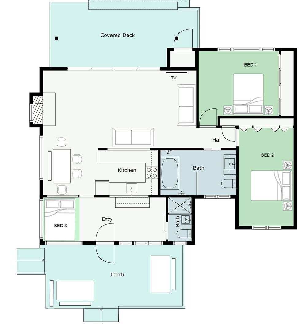 A floor plan with three bedrooms, a kitchen, a bathroom, a covered deck, and a porch.