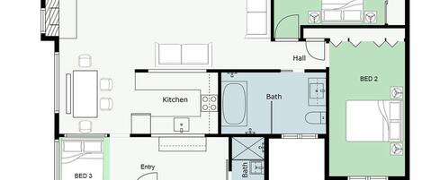 A floor plan with three bedrooms, a kitchen, a bathroom, a covered deck, and a porch.