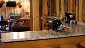 Zona de bar con paredes de madera, mesa de billar y mostrador con un gallo.