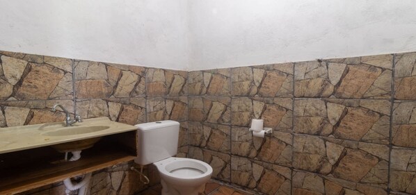 A bathroom with a stone wall, a sink, and a toilet.