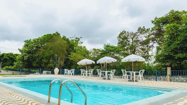 Una piscina con borde de baldosas, rodeada de sillas de descanso blancas y sombrillas, con árboles al fondo.