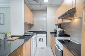 Fridge, microwave, stovetop, toaster