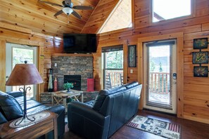TV, fireplace - Relaxing 1BD+Loft Cabin w/ POOL! Hot Tub + VIEWS! (Pigeon Forge)