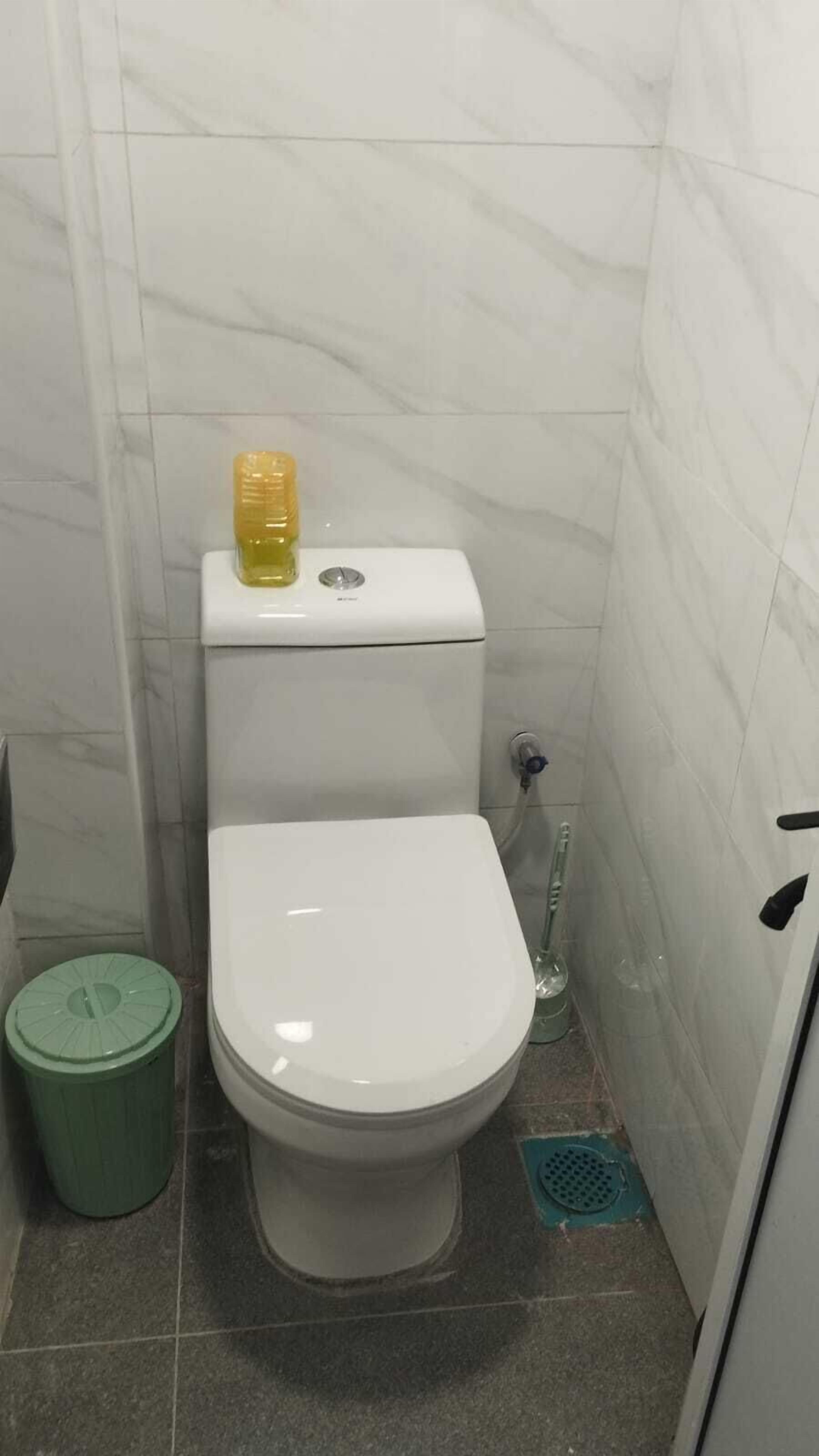 Een kleine badkamer met een toilet, een groene prullenbak en een doucheput.