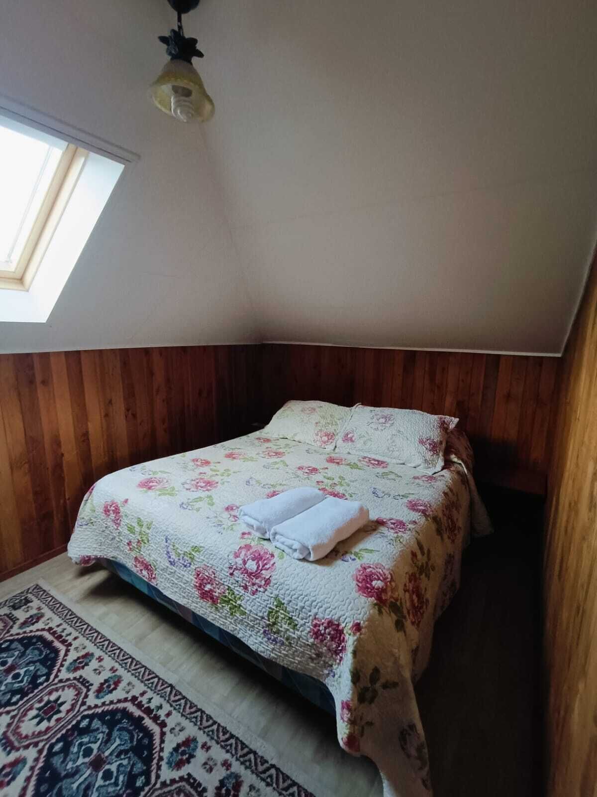 A bedroom with a sloped ceiling, a skylight, a floral bedspread, and a patterned rug.