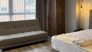 Een moderne slaapkamer met een bank, een bed, een kledingkast en een raam met gordijnen.