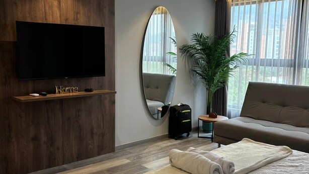 Een moderne hotelkamer met een groot bed, een flatscreen televisie aan een houten wand bevestigd, een grote spiegel, een bank en een kamerplant.