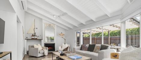 Smart TV, chimenea, reproductor de DVD, libros