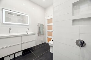 Chuveiro, secador de cabelo, toalhas de banho, sabonete