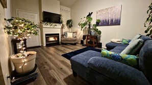 A cozy living room with a fireplace, a sofa, a TV, and various plants. - Casa de gato (Westminster)
