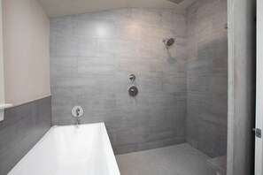 Shower, hair dryer - Tiled Shower, Walk to Main, Kitchenette, Smart TV (Fredericksburg)