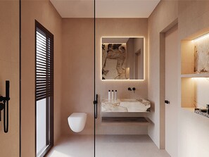 Een moderne badkamer met een marmeren wastafel, een grote spiegel en een toilet dat aan de muur bevestigd is.